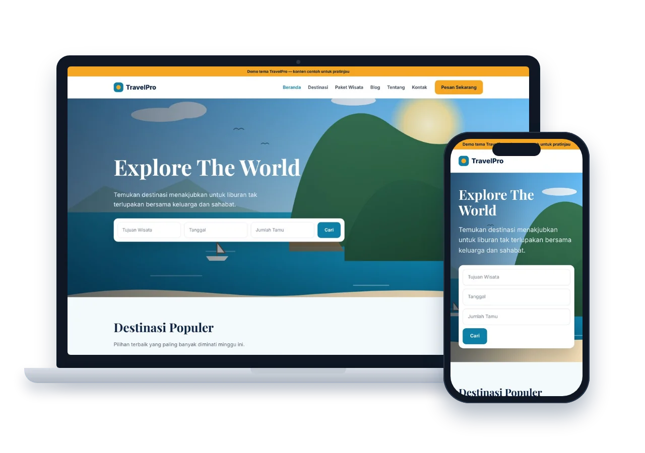 Contoh website travel tampil di laptop dan smartphone